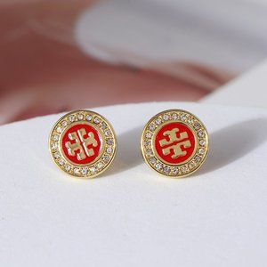 Tory Burch Round Zircon Logo Stud Earrings